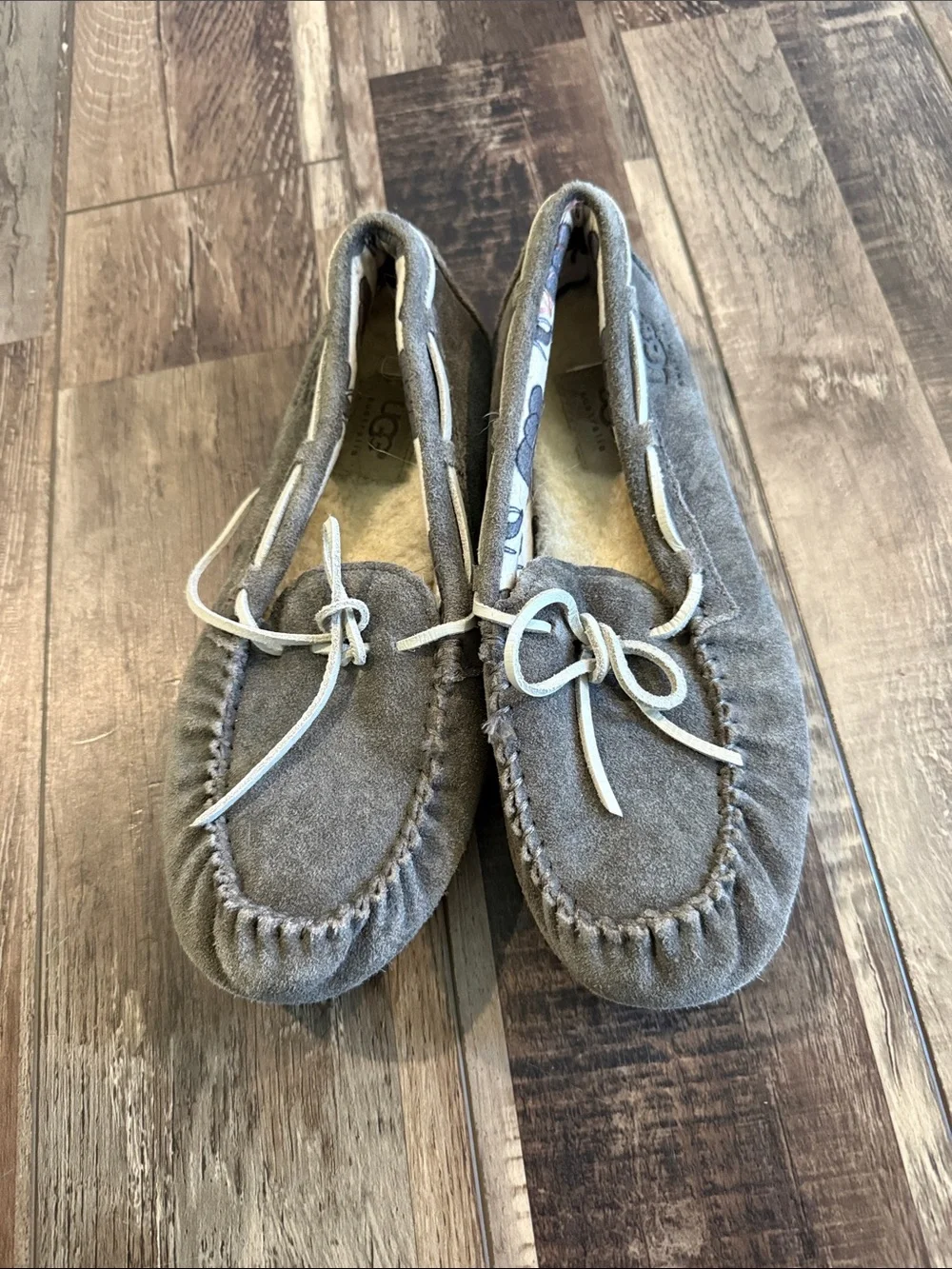 UGG Kids Gray Suede Moccasins with Bow‎ Accent